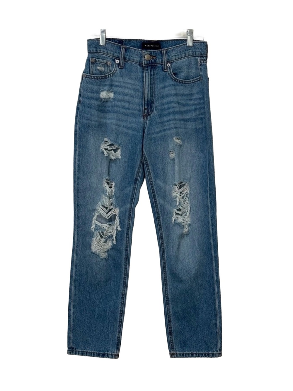 Aeropostale High Rise Mom Jeans 4 Distressed Ripped Light Wash 28 Inseam Denim